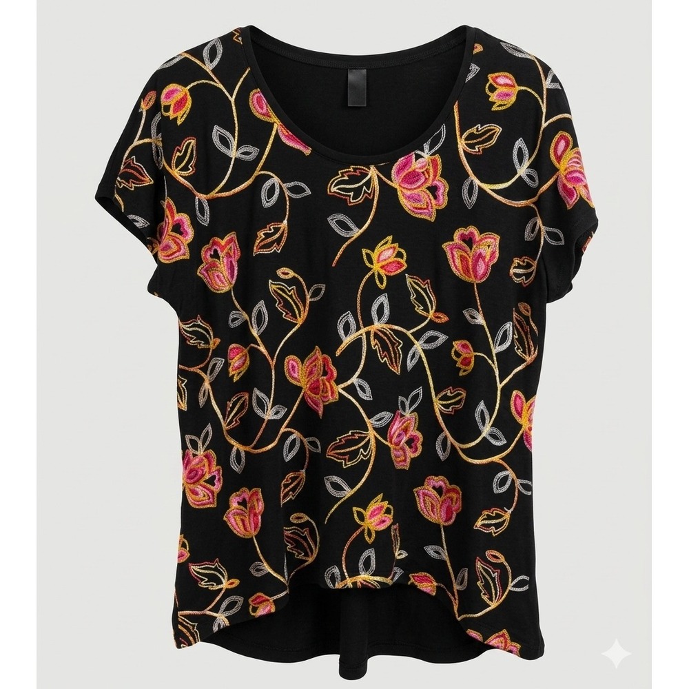 Kersh Womens Black Floral Embroidered Short Sleeve High Low Top L Boxy Relaxed